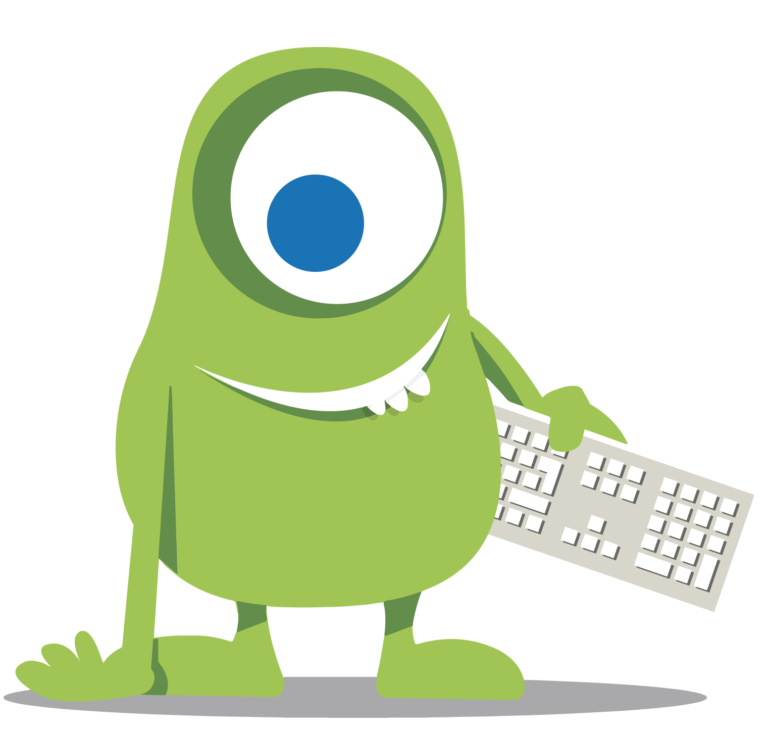 Chronosaure notre mascotte avec un clavier dans la main