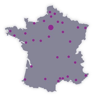Image qui représente une carte de France avec des points représentant les villes où sont situés nos clients