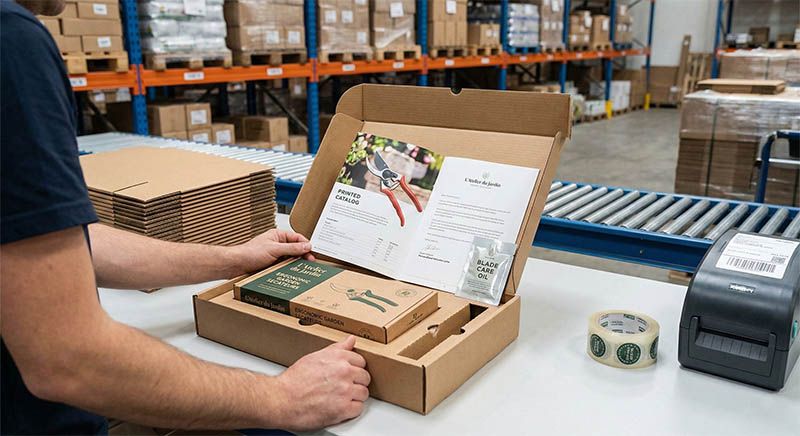 Préparation d'un coffret produit dans un entrepôt : un employé place un sécateur ergonomique avec un catalogue.